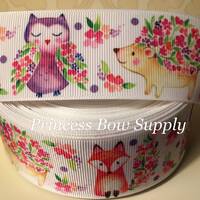 1.5" owl, hedgehog, fox animals in the forest printed grosgrain ribbon,  animal ribbon for wrea