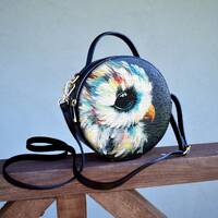 Round leather purse Owl wallet crossbody Leather messenger bag black Hand painted
