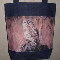 New Handmade Barred Owl Bird Original Photograph Photo Large Denim Tote Bag