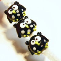 Two (2) Lampwork Glass Owl Beads: Black with White Spots -- Lot UU
