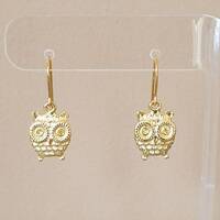 Cute Owl Dangle Style Hook Drop Earrings Yellow Gold Plated Womens Fashion Jewelry Made in USA