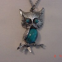 Vintage Faux Turquoise Owl Pendant Necklace 18 - 509
