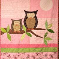 Owl baby quilt- baby girl, "How Big is the Sky" mother and baby owls, full moon, leafy bra