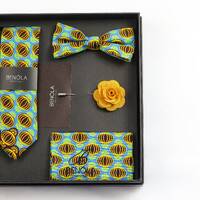 Ankara Tie Set/ Gift box - Benóla Crystale ( Green Owl Tie, Bow Tie, Pocket square and Lapel 