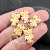 Matte Gold Plated Owl Charms, Bird Findings, 5 Pc