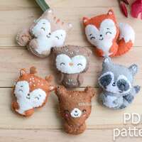 PDF PATTERN, Woodland animals brooches, fox, squirrel, deer, owl, raccoon, bear, Felt brooch pattern