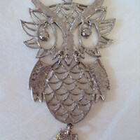 Large Owl Vintage Necklace Silver Tone Rhinestone Eyes NOS