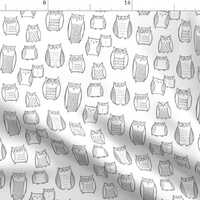 Owl Fabric - Little Night Owl White Gray By Leanne - Night Owl Illustrations Baby Nursery Decor Cott