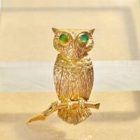 Vintage Alice Caviness 12/20 Gold Filled Owl with Emerald (Glass) Eyes Brooch Pin