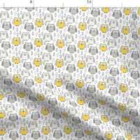 Gray and Yellow Owls Fabric - Small Gold And Grey Sleeping Owls By Lilcubby - Owls Nursery Decor Cot
