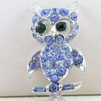 Pell Blue Rhinestone Owl Vintage Brooch Pin (B-4-6)