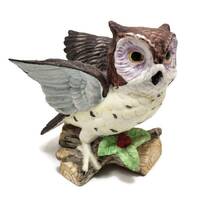 Vtg Great Horned Owl on Log Figurine, Ceramic Owl Statue, Brown & White Horned Owl on Holly Oak,