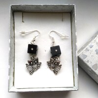 Owl Earrings with Vintage Rhinestone Black Cube Silver Pl. French Ear Wires Small Silver Plated Owl