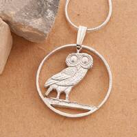 Hand Cut Sterling Silver Owl Pendant Necklace: Greek Coin Jewelry