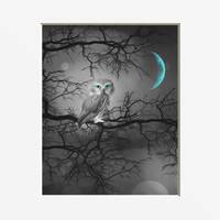 Black White Turquoise Wall Art, Owl On Tree Branch, Moon, Bedroom Turquoise Home Decor Wall Art Matt