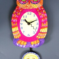 Magenta  and  Orange Owl Pendulum  Clock with yellow full  Moon face pendulum