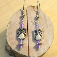 Owl Earrings Tiny Lavender Lined Seed Beads and Silver Tone Accent Great Gift or Accessory