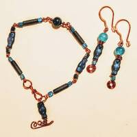 Beaded Bracelet, Owl Theme in Black & Blue on Copper - Unique Beaded Jewelry, Handmade