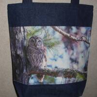New Handmade Barred Owl Pine Tree Bird Original Photograph Photo Large Denim Tote Bag
