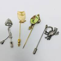 Vintage Stick Pins, Bell, Enamel Owl, Flower, and Crab