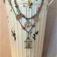 Pink Jasper and Silver Owl Double Strand Necklace with Black/Antique Silver Chain; Owl Necklace; Owl