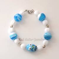 Blue Lampwork Owl Bracelet: Czech Glass Beaded Jewelry
