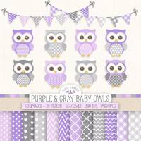 Purple Baby Owl Clip Art for Nursery, Baby Shower. Baby Boy Digital Paper. Banners in Purple, Gray, 