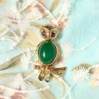 Vintage 14K gold owl brooch pendant diamond amethyst jade