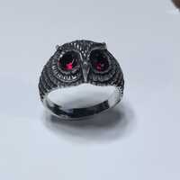 Owl Ring With Garnet Eyes In Sterling Silver