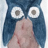 Little Blue Owl Mini Art Print, Watercolor Painting, Cute Owl, Bird Illustration, Dollhouse Art, ATC