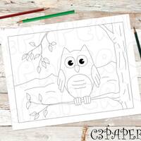 Owl Coloring Page, Digital Download, Owl in a Tree, Wise Owl, Kids Coloring Page, Owl Svg