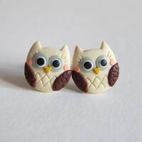 Handmade Beige Owl Earrings - Polymer Clay Animal Jewelry - Halloween Gift - Christmas Gifts For Kid