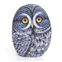 Original Hand Painted Great Grey Owl Rock | Owl Painted Stone Bird Art by Roberto Rizzo