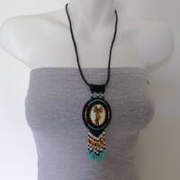 Bead Embroidery Necklace w Mongwu Great Horned Owl Kachina, Beadwork and Beaded Fringe, Southwestern