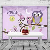 Owl Birthday Backdrop, Pink and Purple Cute Owl Birthday Party Personalized Banner, Baby Owl Custom 