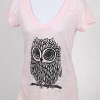 Owl on Light Pink Burnout V-Neck T-shirt SM MD LG Xl 2XL