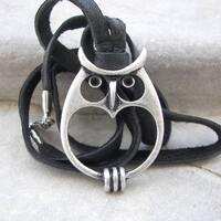 Pewter Owl Charm Necklace: Black Leather Cord, Bird Lover Gift