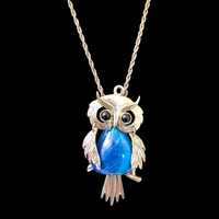 Owl Owl Pendant Very Large Horned Brass and blue cabachon belly glass.Gift under ten dollars