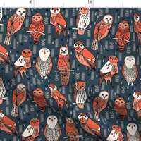 Geometric Owl Fabric - Owls Navy Blue Orange Coral Hand-Drawn Illustration By Andrea Lauren - Mod Co