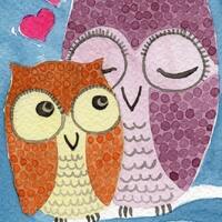 5x7 Owl Illustration PRINT of Watercolor Painting, Owl and Owlet, Hearts, Cute Art, Colorful Wall De