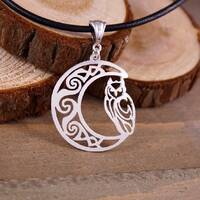 Celtic Crescent Moon and Owl - Hand Cut .925 Sterling Silver Pendant, Necklace
