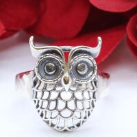 Owl Ring Band Oxidized Solid 925 Sterling Silver Good Luck Owl Gift
