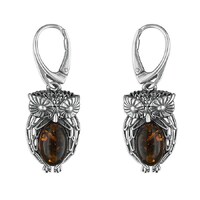 Cognac Amber Owl Drop Sterling Silver Earrings