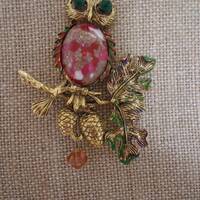 Owl Brooch with Enamel Accents and Rhinestones