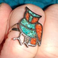 Turquoise Owl Ring With Red Coral Accent -Navajo Native American Bird Sterling & Inlaid Stone &q