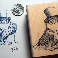 Owl with top hat rubber stamp P27, hand drawn