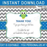 Owl Thank You Cards: Editable Party Notes (4x6 inch, Digital Download)