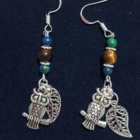 Owl and Leaf Earrings with Tiger's Eye and Chrysocolla stones