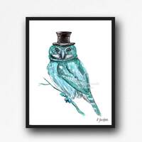 Teal Owl Watercolor Art Print, Modern Turquoise Bird in Hat,  Whimsical Nature Wall Decor, Gift for 