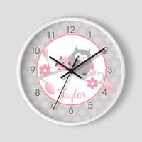 Baby Night Owl Girls Nursery Wall Clock / Pink and Gray Owl / Girls Owl Nursery Clock / Owl Wall Clo